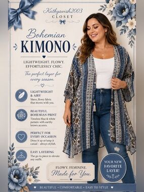 Sandy and Sid Bohemian Blue and White Patterned  Kimono Size Medium